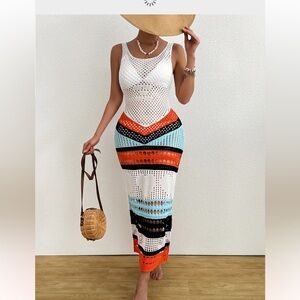 288. Beach V-Neck Cover-Up Dress] Elegant Acrylic V-Neck Color Block Hollow Knit